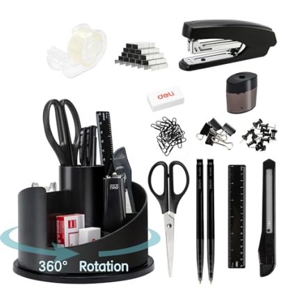 deli Office Supplies Set. 1045 Pcs-Desk Accessory Organizer Kit. Stapler Set. Rotating Multi-Functional Pen Holder. Tape Dispenser. Pens. Binder Clips. Sharpener. Scissor. Eraser. Black