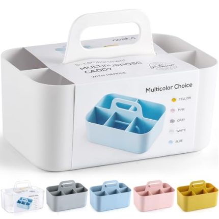 Multiuse Caddy Organizer with Handle - Stackable Plastic Tote Bin - Art Craft Supplies. Office. Desk. Stationery Pen Holder. Kitchen. Utensil. Makeup. Bathroom. Shower. Cleaning. Dorm Organizer -White