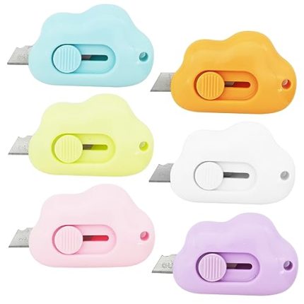 Cute Cloud Box Cutter Retractable. 6Pcs Mini Utility Knife Letter Opener Envelope Slitter. Small Package Opener Paper Cutters with Keychain Hole for Office Home School Stationery DIY Crafts