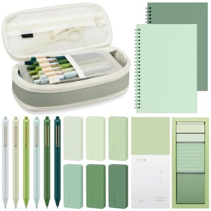 Sage Green School Supplies Aesthetic Book Annotation Kit Pencil Case with 6 Black Ink Gel Pens 2 Spiral Notebook 6 Correction Tape 480 Sticky Notes Aesthetic Stationery Set for Study
