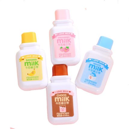 Brccee AC 4PCS Milk Bottle Correction tape Kawaii Cartoon Stationery Cute Students School Office Supplies (Brown. Blue. Yellow. Pink - Delivery with Random Color)