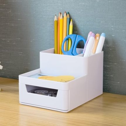 Small Desk Organizer.Pencil Pen Holder.Office Desktop Accessories With Compartments.Stationery Organizer With Drawer.Art Supply Strorage