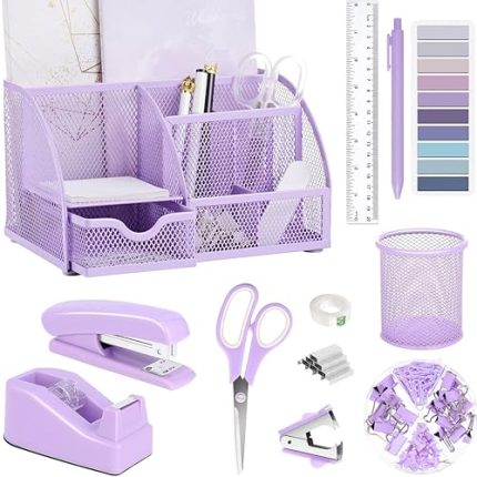 Purple Office Desk Accessories Supplies. 12pcs Desk Organizers and Accessories with Tape dispenser and Stapler.Staples.Staple Remover.Pen Holder.Scissor.Ruler.Sticky Tabs.Tape.Ballpoint Pen.Clips Set
