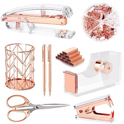 Famassi Rose Gold Desk Accessories .Office Supplies Set Acrylic Stapler Set Staple Remover. Tape Holder. 2 Ballpoint Pen. Scissor. Binder/Paper Clips and 1000pcs Staples.